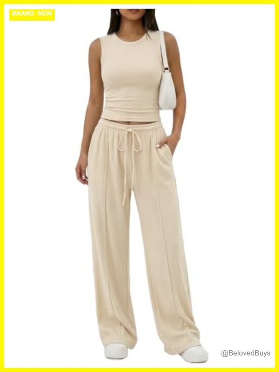 Pants - Sleeveless Tank Top with Wide Leg Pants Lounge Set